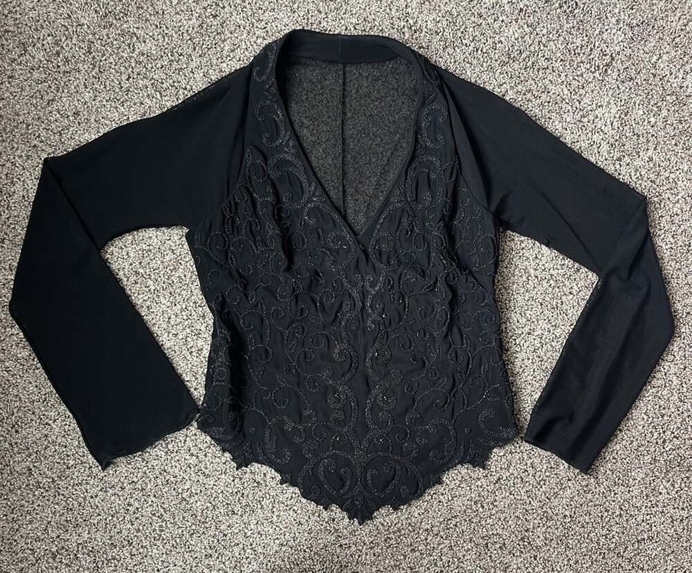 Vintage Y2K CDC Black Beaded Mesh Top Women M Whimsigoth Goth Long Sleeve USA